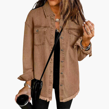 Damen Oversize Jeansjacke Vintage Streetstyle – Lässige Übergangsjacke mit Fransensaum