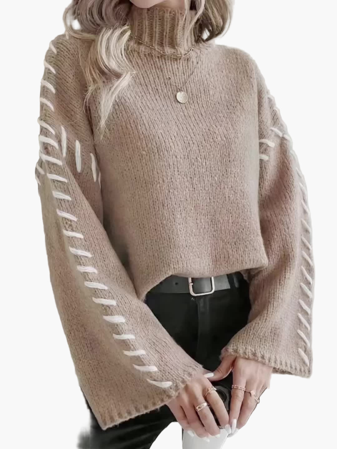 Damen Pullover mit weitem Ärmel und Ziernaht – Eleganter Strickpullover für Herbst und Winter