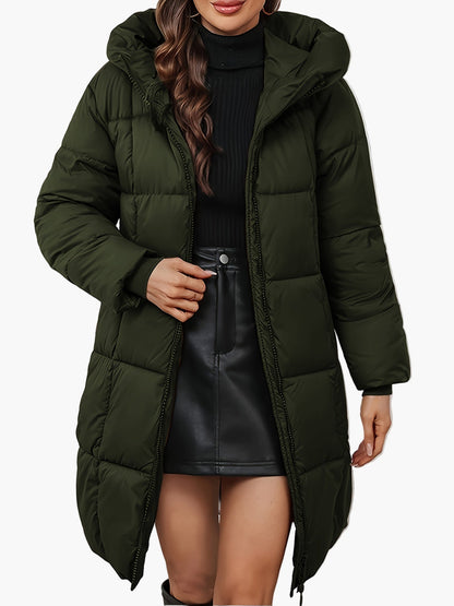 Women's winter quilted coat with hood, fashionable long parka for everyday and outdoor use