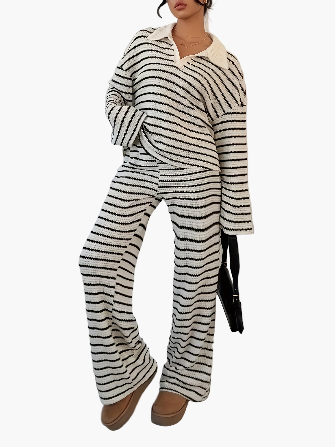 Damen Strick Zweiteiler Set – Gestreifter Freizeit-Look für Herbst & Winter, Elegant & Bequem
