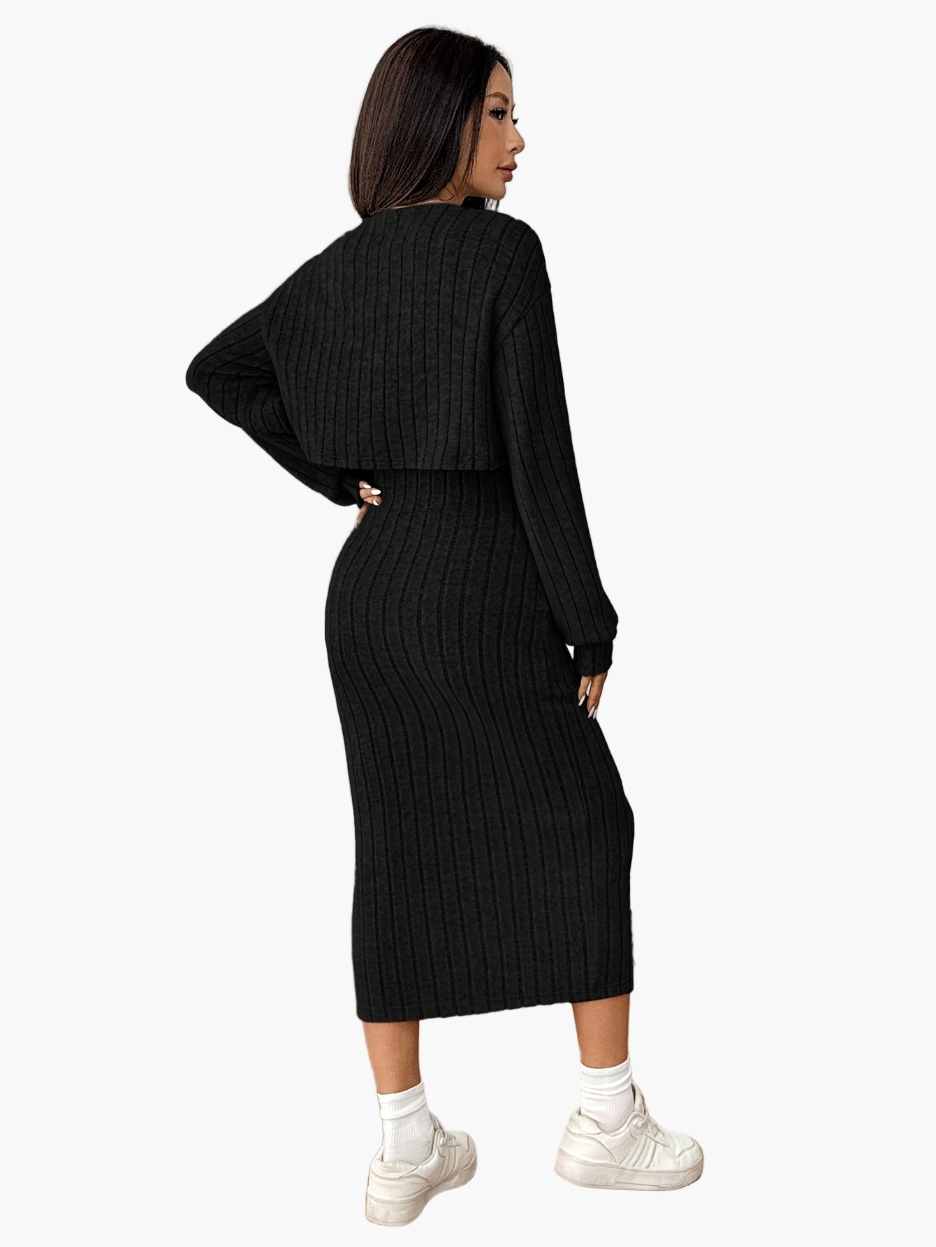 Women's Knit Two-Piece Set Elegant with Button Placket – Cardigan and Midi Dress, Perfect for Everyday and Office
