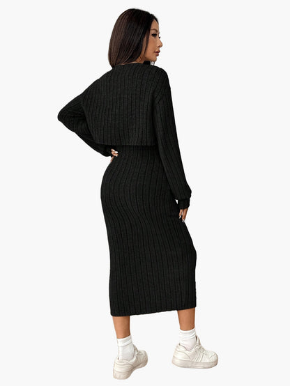 Women's Knit Two-Piece Set Elegant with Button Placket – Cardigan and Midi Dress, Perfect for Everyday and Office