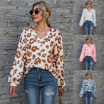 Alison – Leopardenmuster V-Ausschnitt T-Shirt mit lockeren langen Ärmeln für Damen