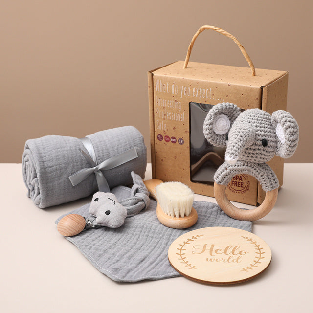 Unisex Baby Geschenkset – Neugeborenen Pflege & Spiel Set mit Elefant – Perfekt zur Geburt oder Babyparty