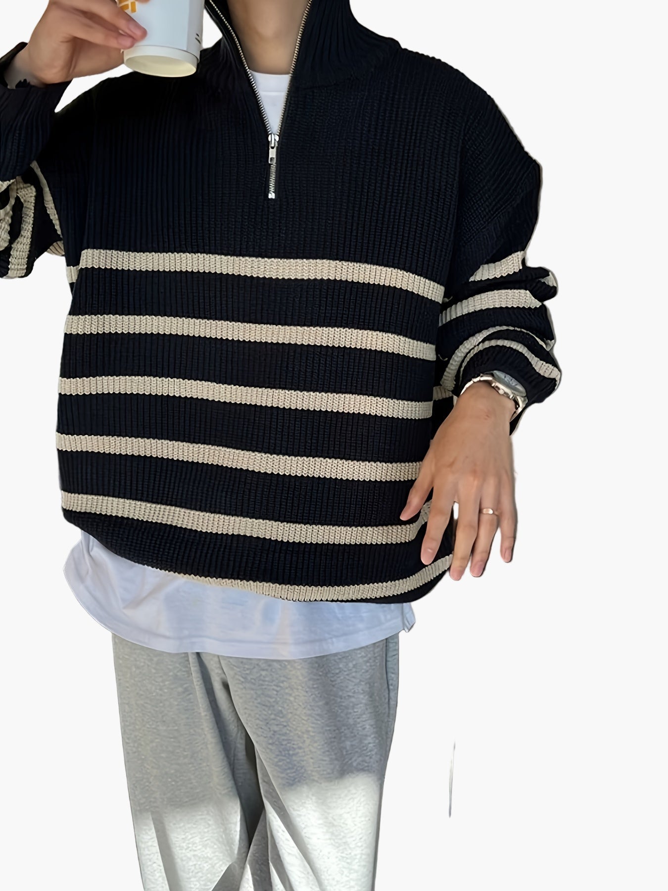 Herren Strickpullover mit Reißverschluss, gestreifter Casual Look für Herbst und Winter