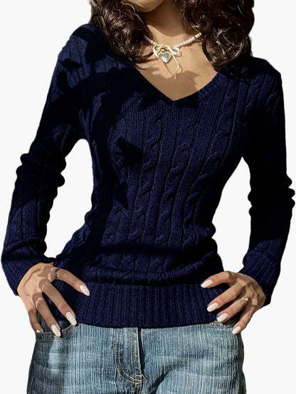 Damen Strickpullover mit Zopfmuster und V-Ausschnitt – Modischer Freizeitpullover für Alltag und Büro