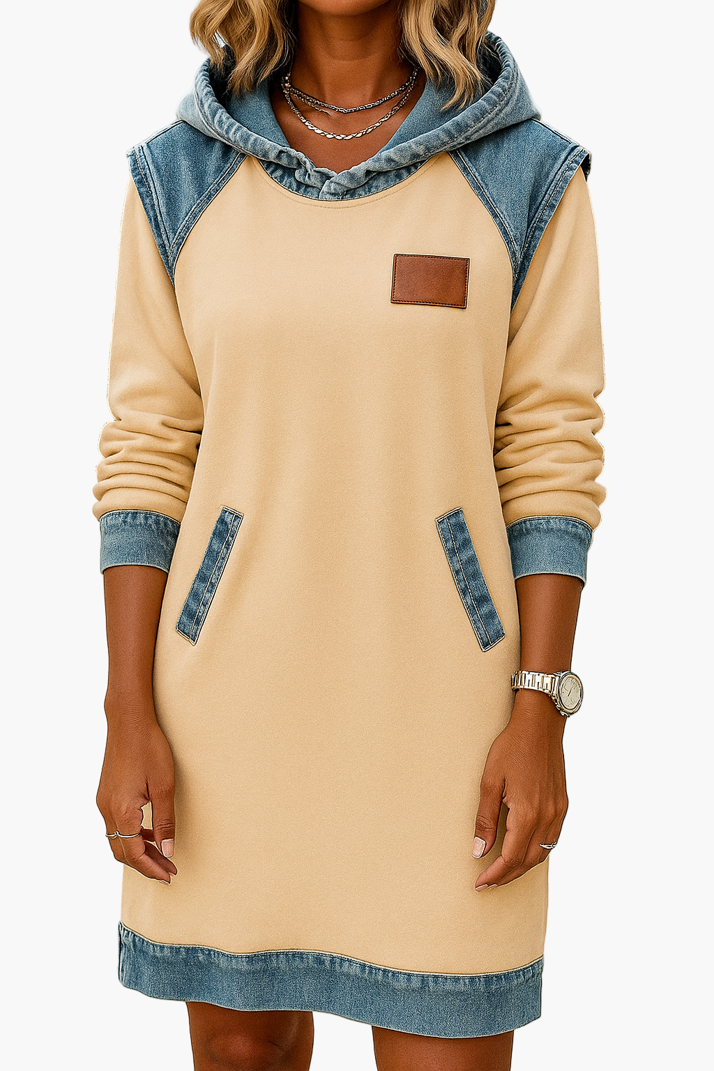 Women's hoodie dress in casual style with denim details – perfect for everyday & leisure