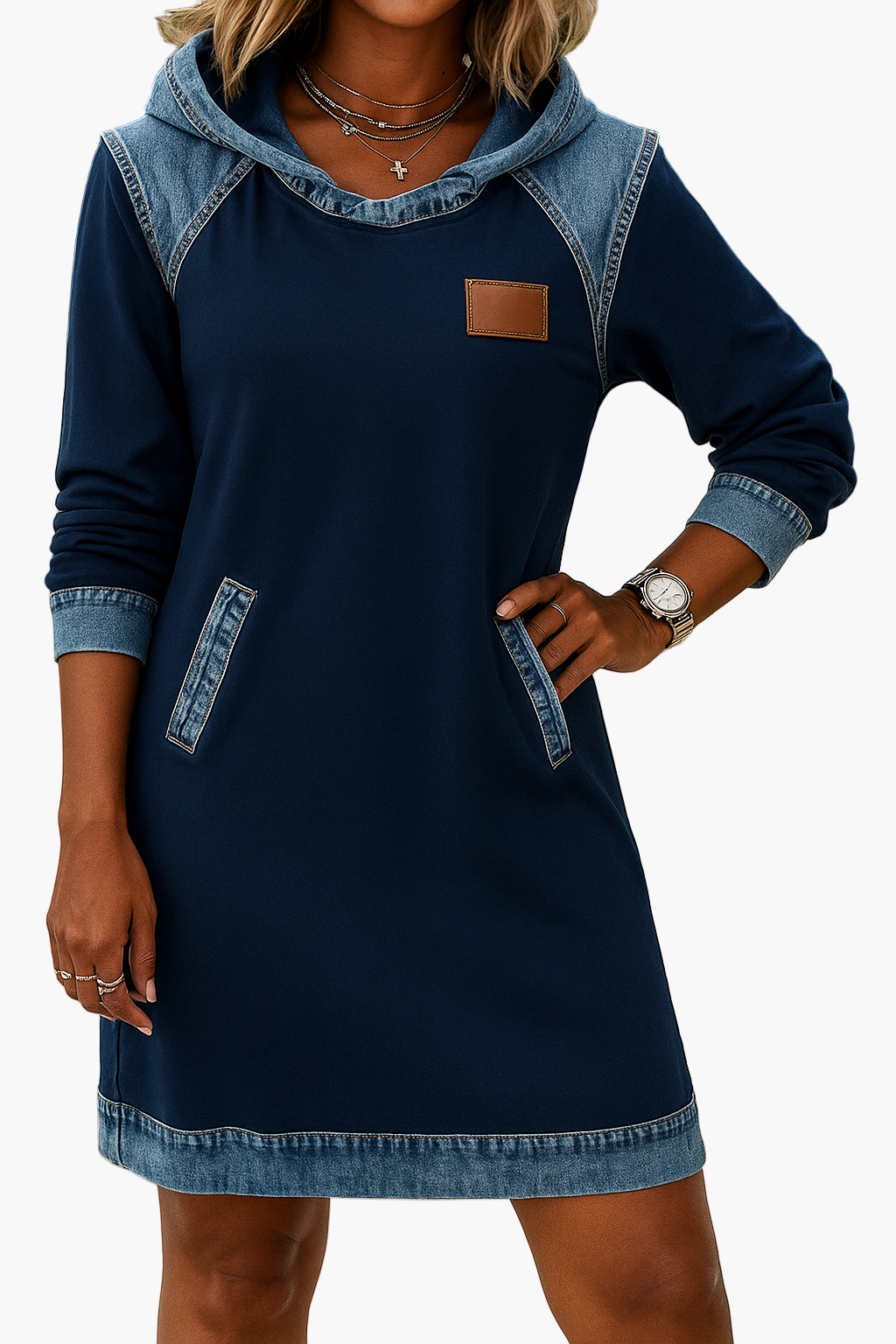 Women's hoodie dress in casual style with denim details – perfect for everyday & leisure