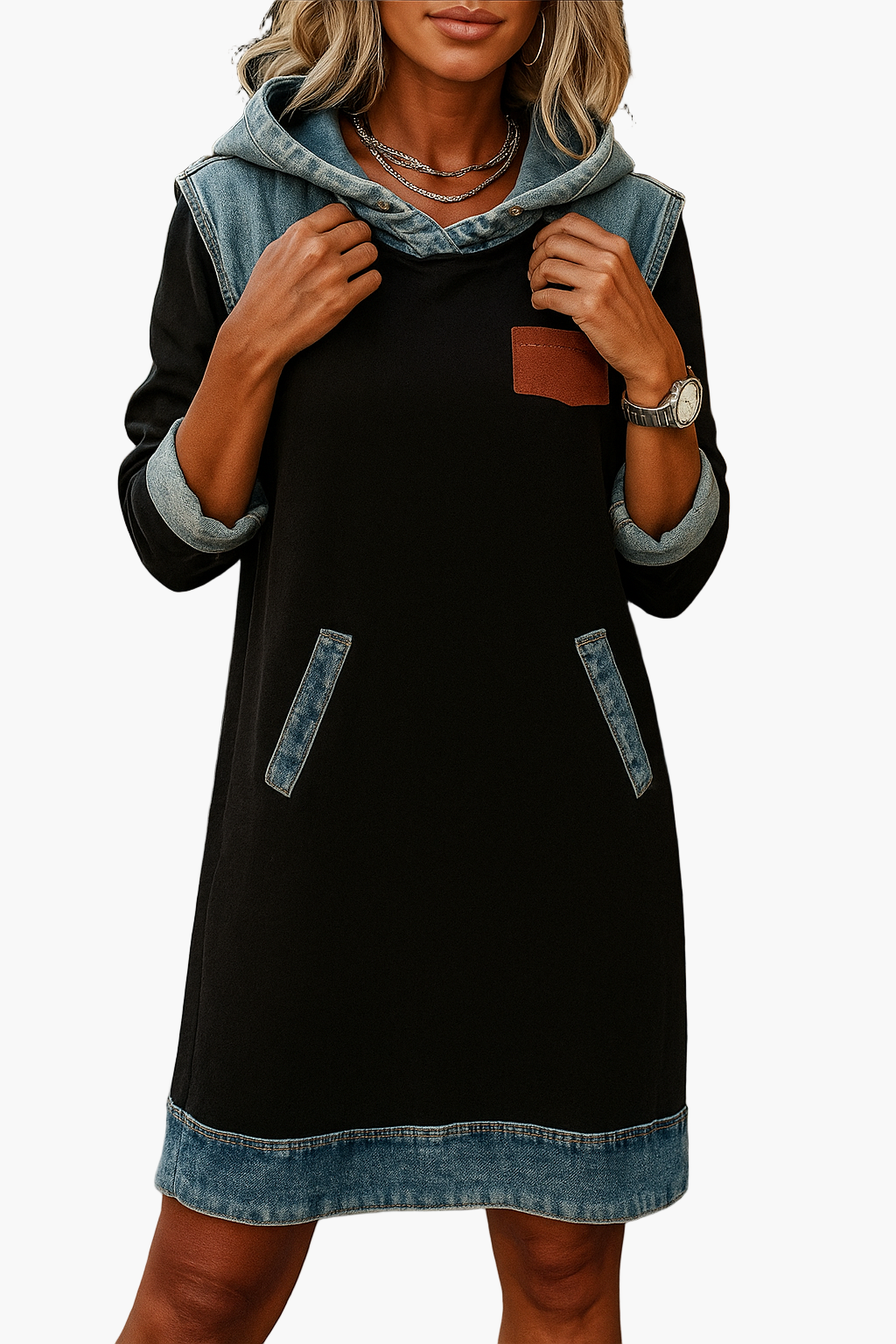 Women's hoodie dress in casual style with denim details – perfect for everyday & leisure