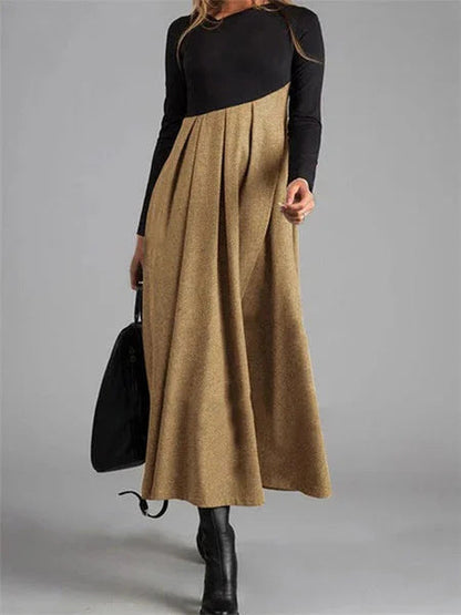 Damen Elegantes Midikleid mit Kontrastnähten und Langarm – Schwingender Schnitt für Büro & Alltag