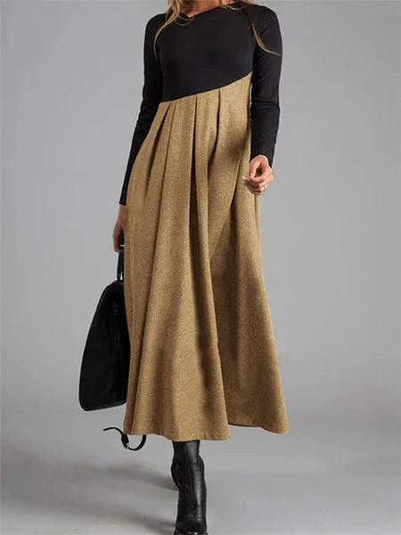 Damen Elegantes Midikleid mit Kontrastnähten und Langarm – Schwingender Schnitt für Büro & Alltag