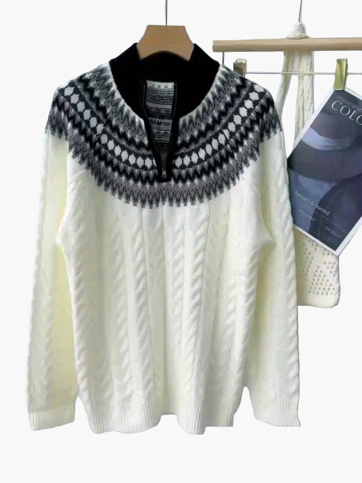 Men's sweater in Norwegian style with cable knit pattern and stand-up collar – Casual winter knit sweater with quarter zipper