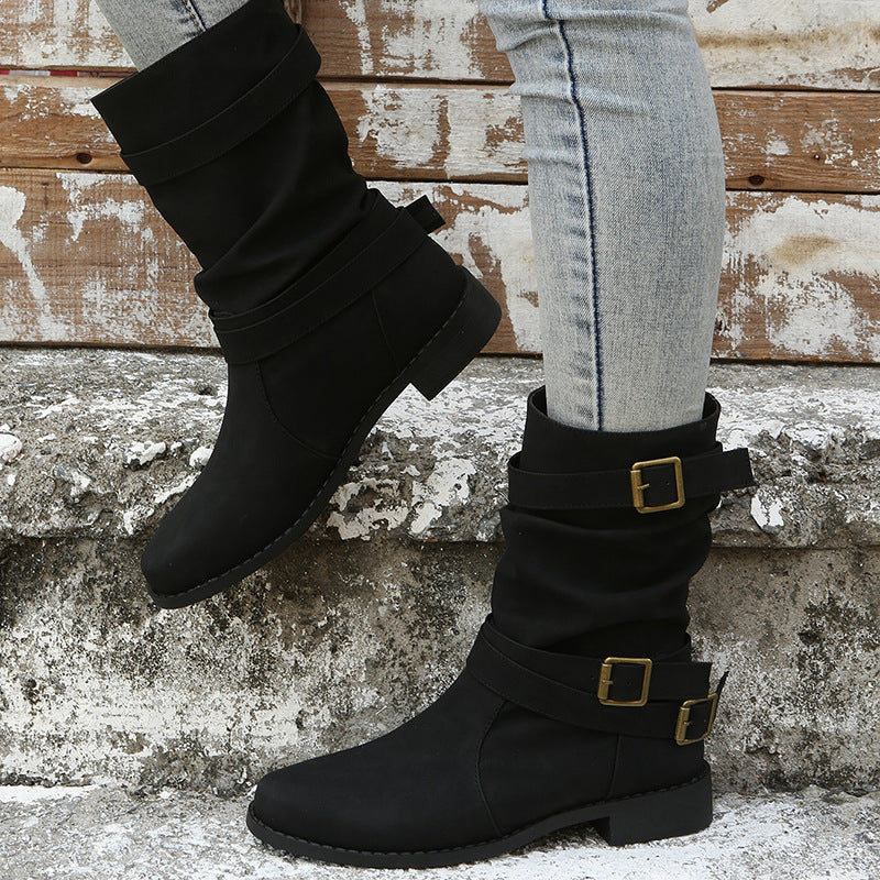 Charlotte – Niedrige Vintage Stiefel mit verstellbarem Riemen für Damen im Biker- und Western-Stil