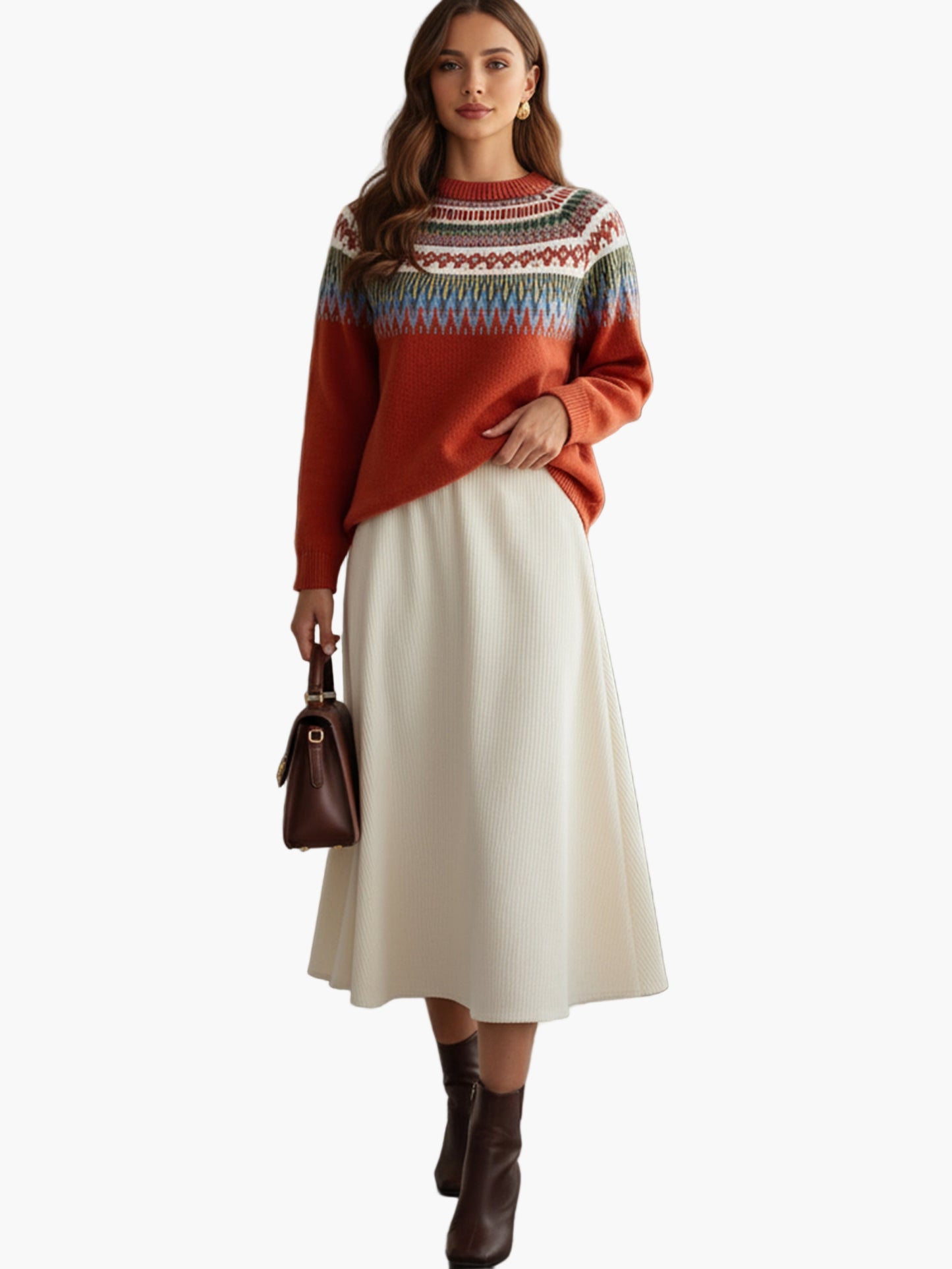 Damen Midirock-Outfit mit Fair-Isle-Strickpullover – Modischer Herbst/Winter-Look für Alltag und Büro