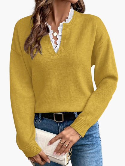 Damen Eleganter Strickpullover mit Spitzenbesatz und V-Ausschnitt – Ideal für Alltag und Büro
