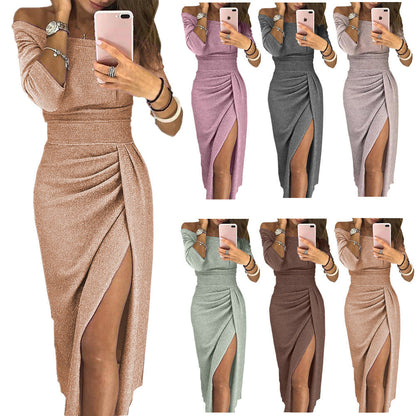 Damen Elegantes Schulterfreies Glitzer-Kleid mit Raffung – Perfekt für Party & Abendanlässe