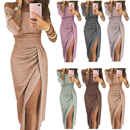 Damen Elegantes Schulterfreies Glitzer-Kleid mit Raffung – Perfekt für Party & Abendanlässe