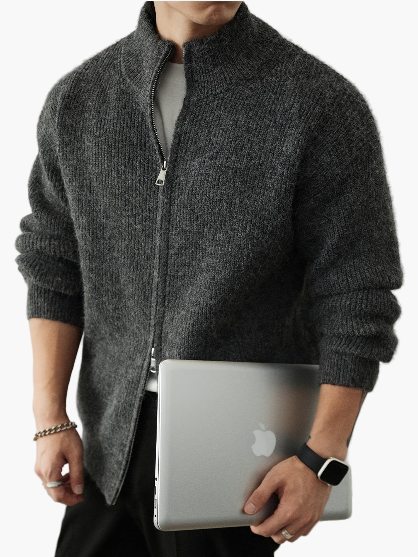 Men's Stand Collar Cardigan with Zipper – Casual Style for Everyday and Leisure