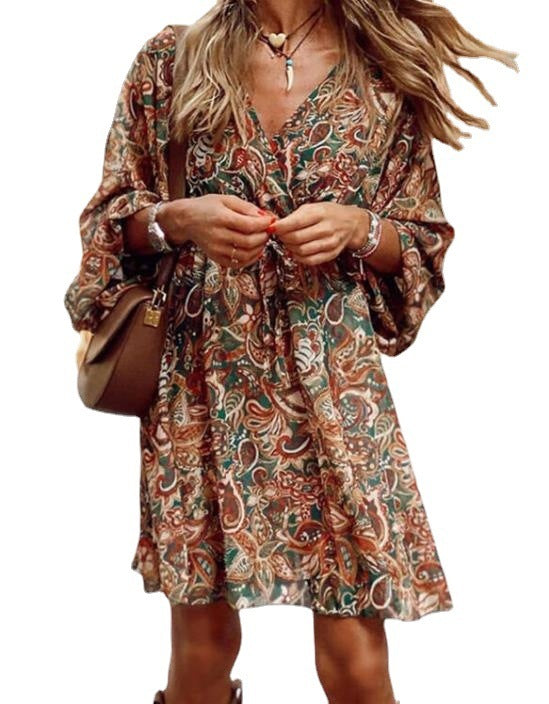 Anna – Langes Boho-Kleid mit Print und A-Linie