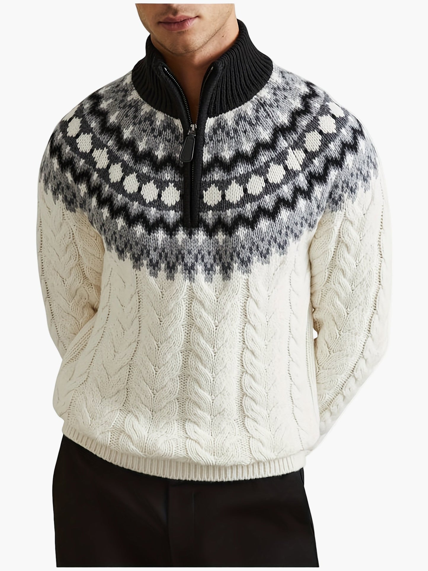 Men's sweater in Norwegian style with cable knit pattern and stand-up collar – Casual winter knit sweater with quarter zipper
