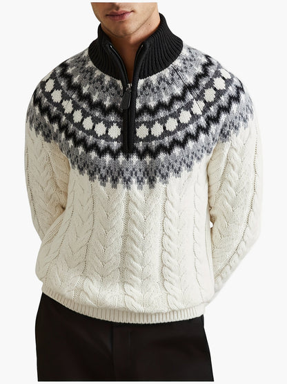 Men's sweater in Norwegian style with cable knit pattern and stand-up collar – Casual winter knit sweater with quarter zipper