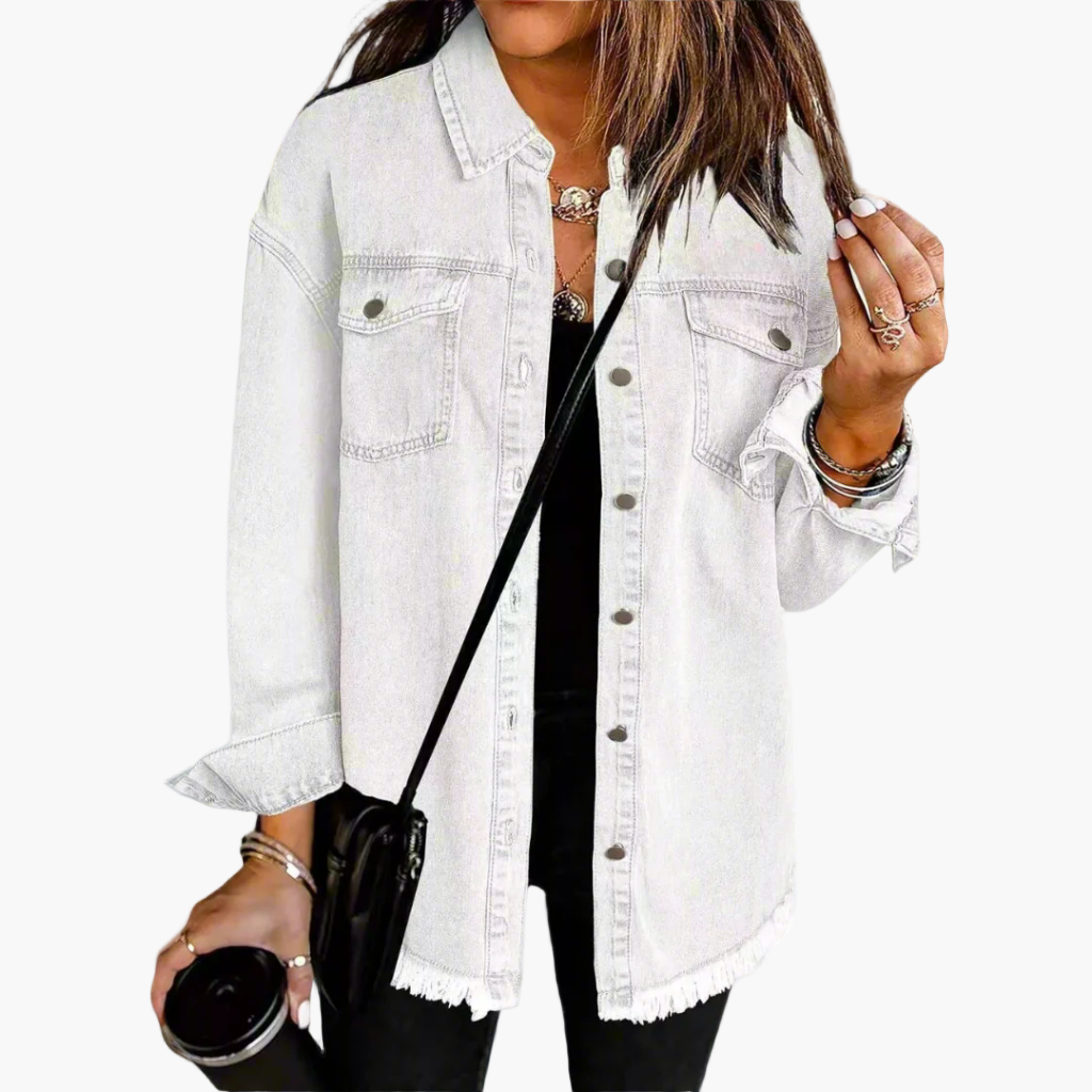 Damen Oversize Jeansjacke Vintage Streetstyle – Lässige Übergangsjacke mit Fransensaum