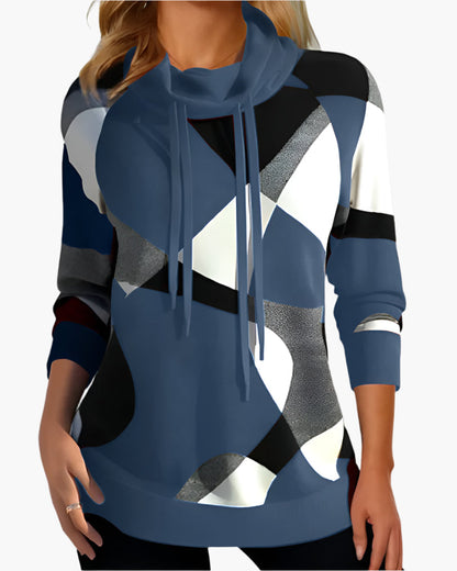 Women's sweater with geometric pattern and drawstring – fashionable casual hoodie for everyday and office use