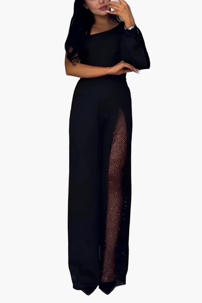 Damen Elegante Einarmige Jumpsuit mit Weitem Bein und Glamour-Einsatz – Perfekt für Abend und Party