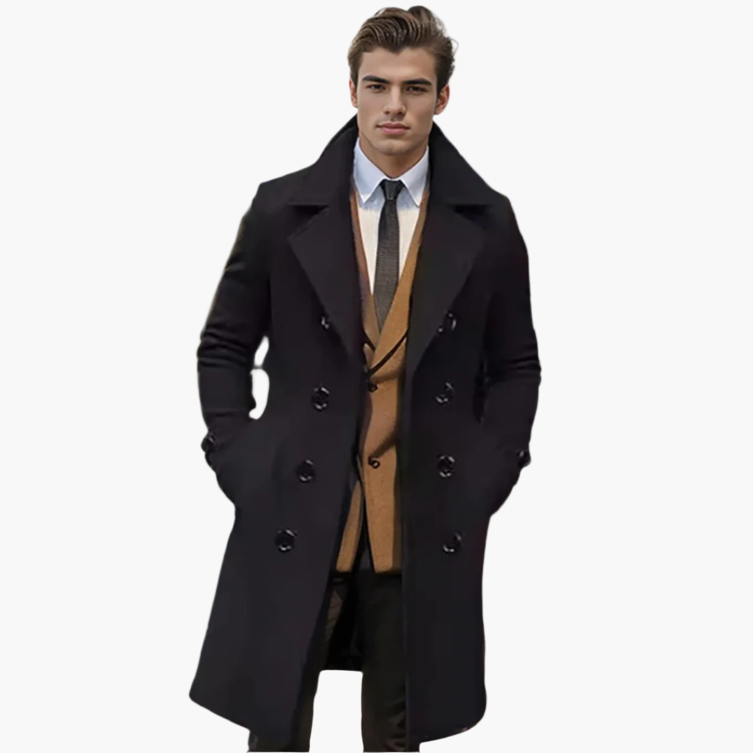 Men's Elegant Business & Leisure Long Coat – Double-Breasted, Modern Design, Stylish Appearance