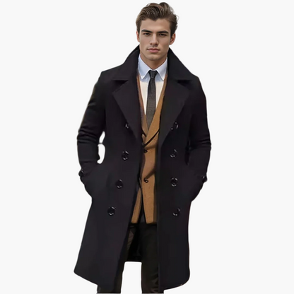 Men's Elegant Business & Leisure Long Coat – Double-Breasted, Modern Design, Stylish Appearance