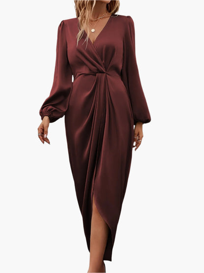 Damen Elegantes Wickelkleid – Formelles Cocktail- & Abendkleid mit Langarm und V-Ausschnitt, Perfekt für Festliche Anlässe