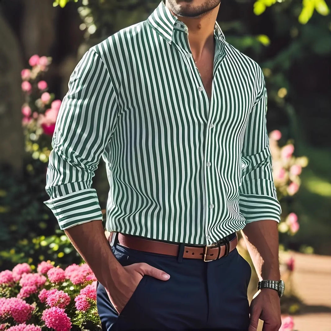 Herren Business-Freizeit Hemd mit vertikalen Streifen und Knopfleiste – Moderner Slim Fit Look