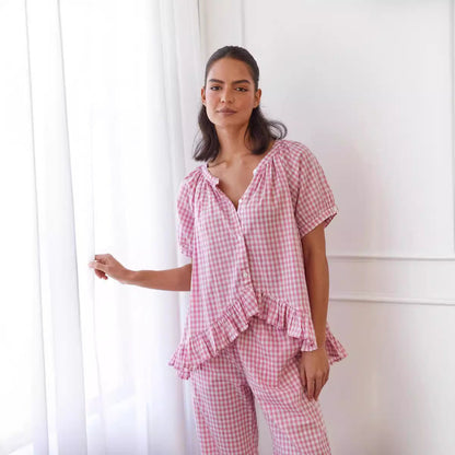 Kathryn – Bequemer und lässiger Rüschenshirt-Hosenanzug