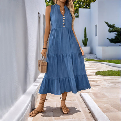 Susan – Faltenfreies, einfarbiges, ärmelloses Kleid mit Stehkragen