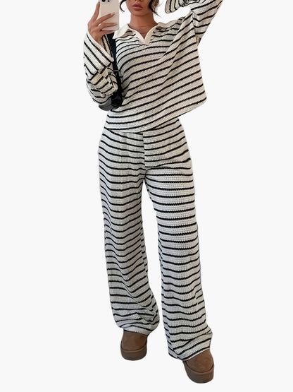 Damen Strick Zweiteiler Set – Gestreifter Freizeit-Look für Herbst & Winter, Elegant & Bequem