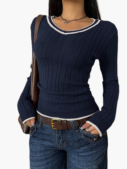 Damen Strickpullover im Vintage-Stil mit V-Ausschnitt – Figurbetont, Alltag & Freizeit