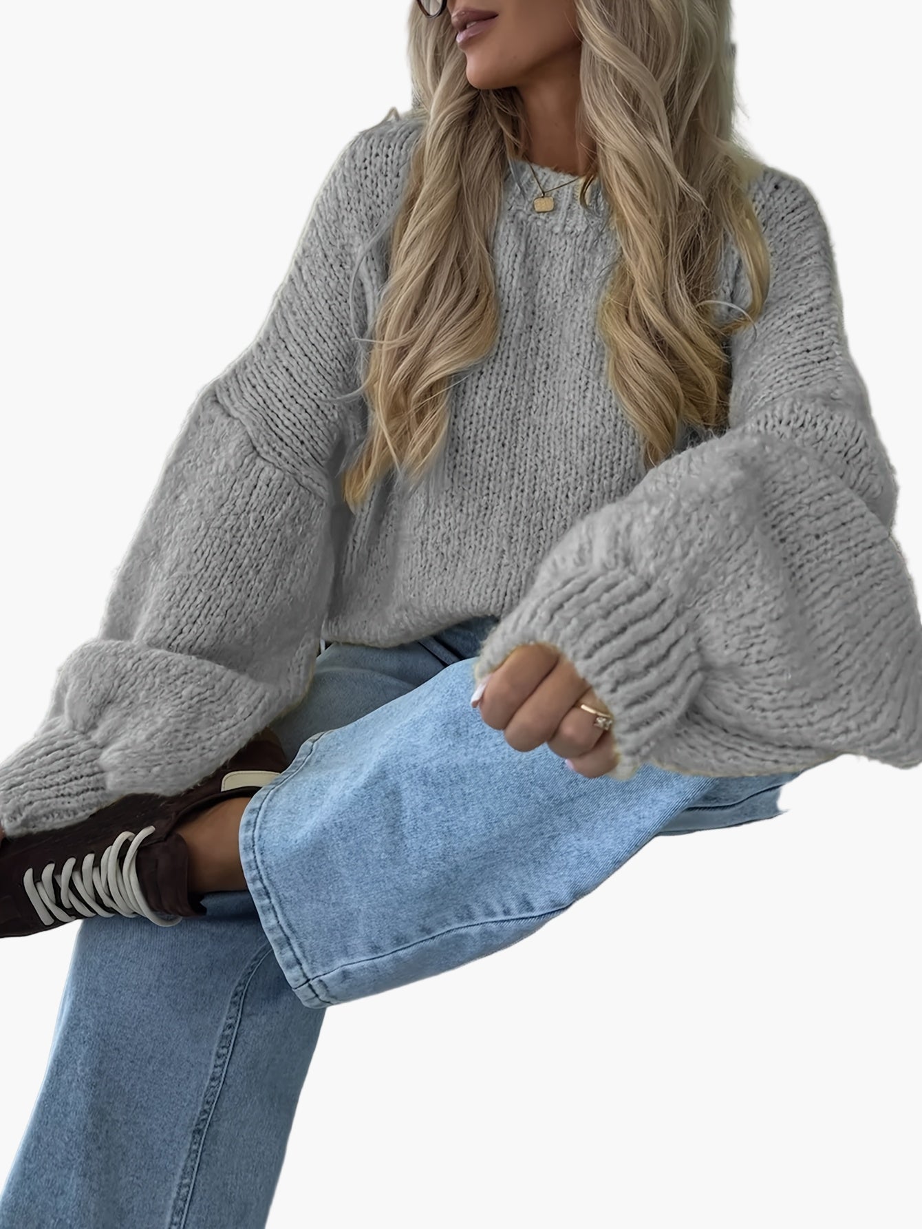 Damen Strickpullover mit Ballonärmeln und lockerem Schnitt – Modischer Freizeitlook für Herbst & Winter