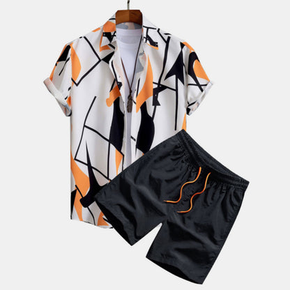 Herren Sommer Freizeit Zweiteiler mit Abstraktem Print – Modisches Kurzarmhemd & Shorts Set für Urlaub und Alltag