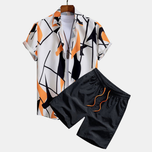 Herren Sommer Freizeit Zweiteiler mit Abstraktem Print – Modisches Kurzarmhemd & Shorts Set für Urlaub und Alltag