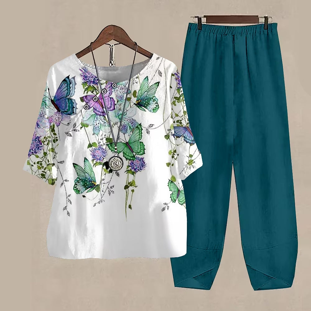 Damen Freizeit Set im Japanischen Stil mit Libellen-Print – Zweiteiler, Bequem für Alltag & Reisen