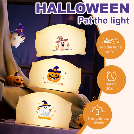 Halloween Night Light for Kids – Funny Pat Light with Ghost & Pumpkin, 3 Brightness Levels, Timer, Perfect Halloween Decoration