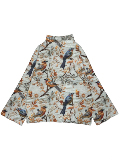 Damen Pullover mit Vogelmotiv und hohem Kragen – Eleganter Strickpullover für Herbst und Winter