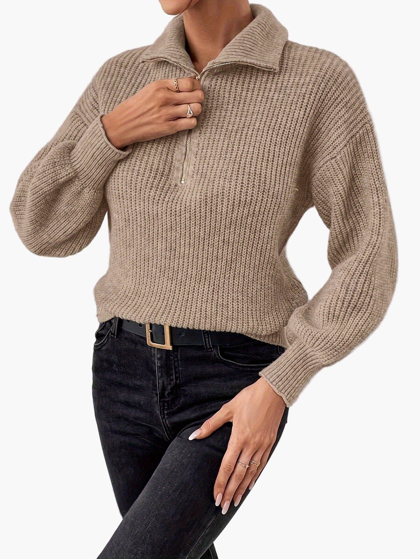 Damen Strickpullover mit Reißverschluss und Ballonärmeln – Eleganter Freizeit-Look