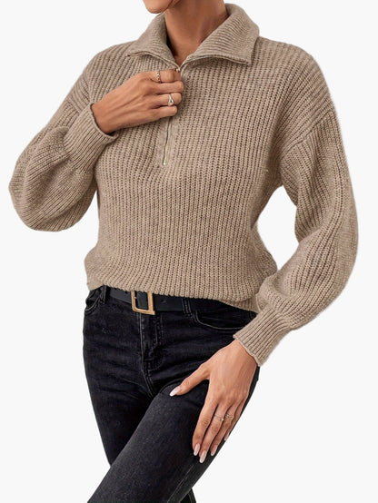 Damen Strickpullover mit Reißverschluss und Ballonärmeln – Eleganter Freizeit-Look