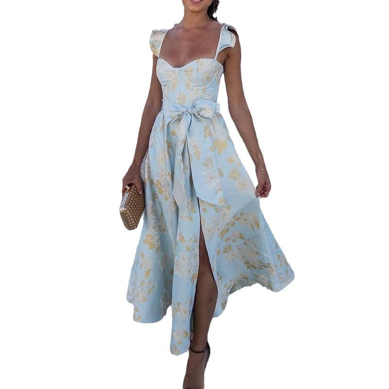 Sue – Modisches Blumendruck Französisches Retro Taillen-Trägerkleid