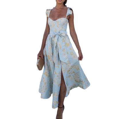 Sue – Modisches Blumendruck Französisches Retro Taillen-Trägerkleid