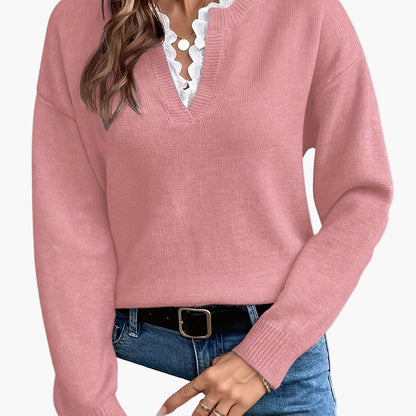 Damen Eleganter Strickpullover mit Spitzenbesatz und V-Ausschnitt – Ideal für Alltag und Büro