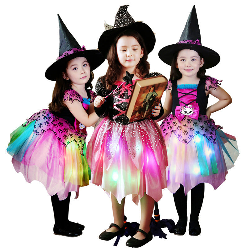Girls Halloween Witch Costume with Hat, Wand, and Bag – Perfect Outfit for Kids' Parties & Trick-or-Treat