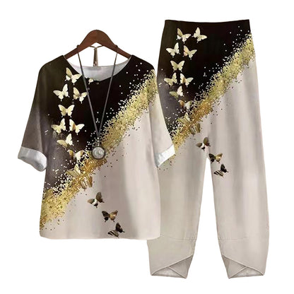 Damen Freizeit Set im Japanischen Stil mit Libellen-Print – Zweiteiler, Bequem für Alltag & Reisen