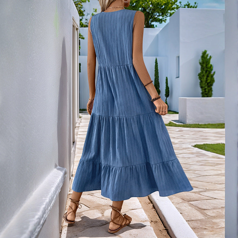 Susan – Faltenfreies, einfarbiges, ärmelloses Kleid mit Stehkragen